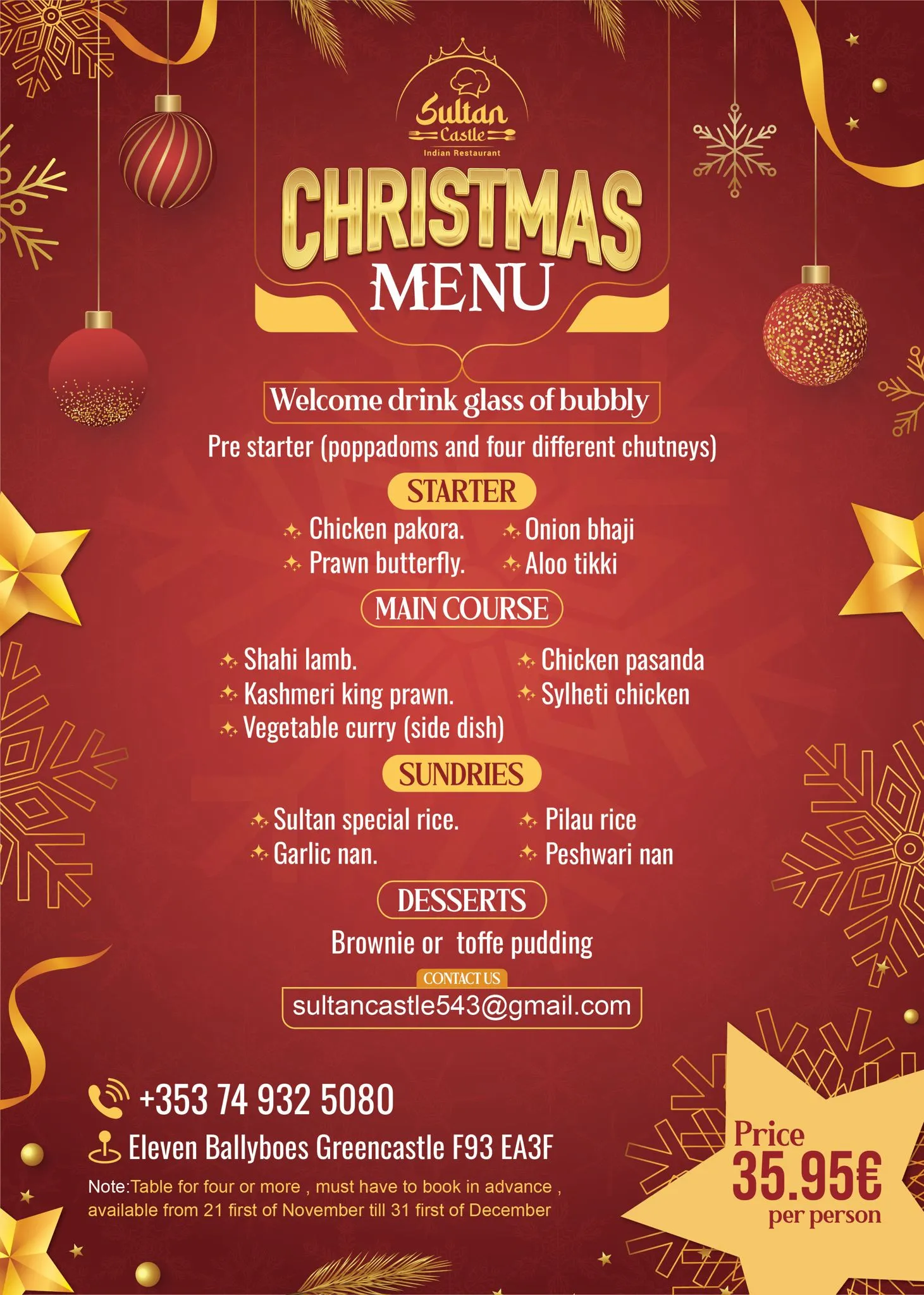 Christmas Menu Sultan Castle Indian Restaurant Greencastle