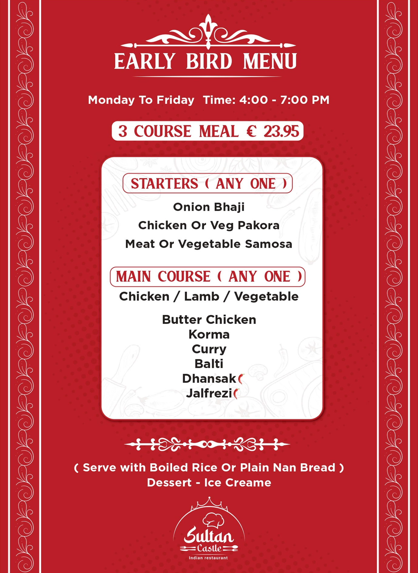Early Bird Menu Sultan Castle Indian Restaurant Greencastle